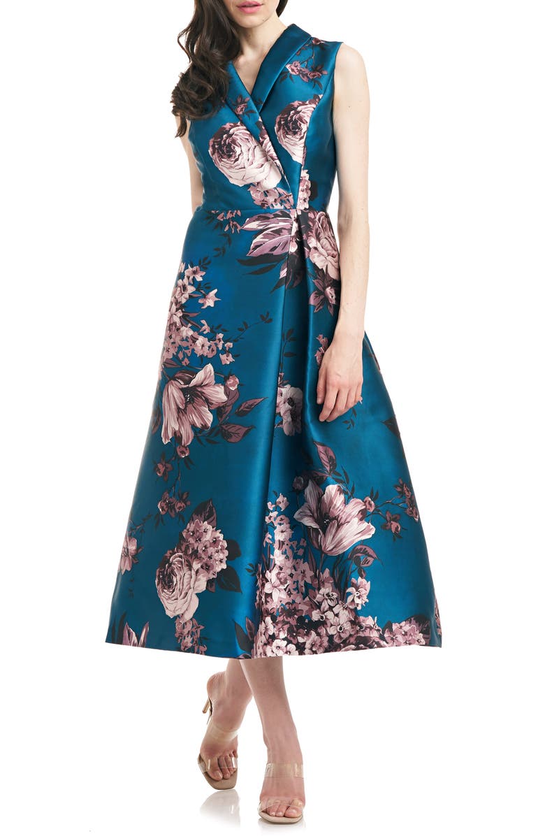 Kay Unger Waverly Floral Print Jacquard Dress, Main, color, 