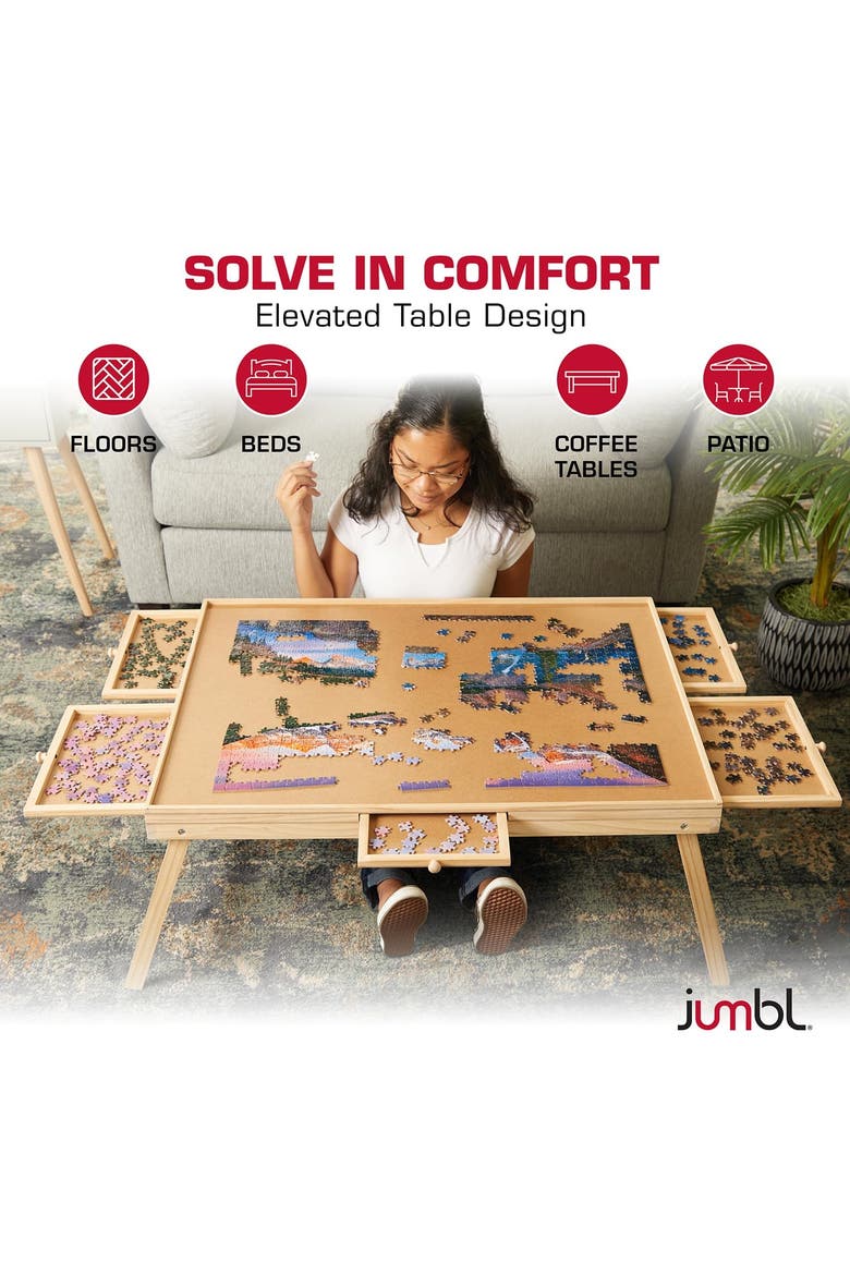 1500-Piece Wooden Puzzle Board with Drawers, Foldable Legs & Cover, Alternate, color, Beige
