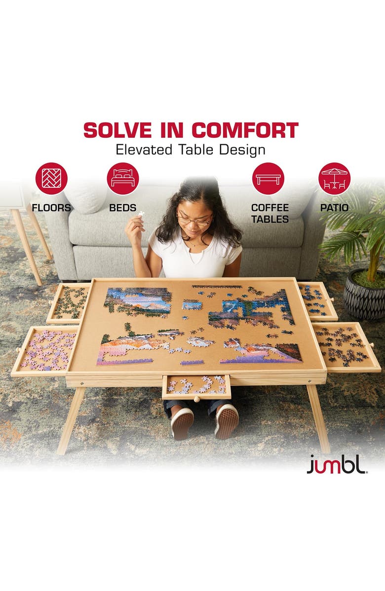 Jumbl 1500-Piece Wooden Puzzle Board with Drawers, Foldable Legs & Cover, Alternate, color, Beige