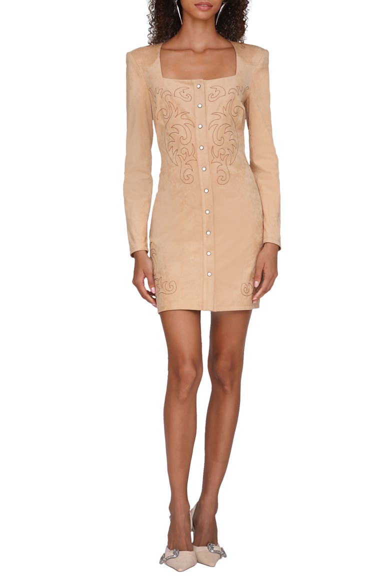 Western Embroidery Long Sleeve Faux Suede Dress, Main, color, BISCUIT