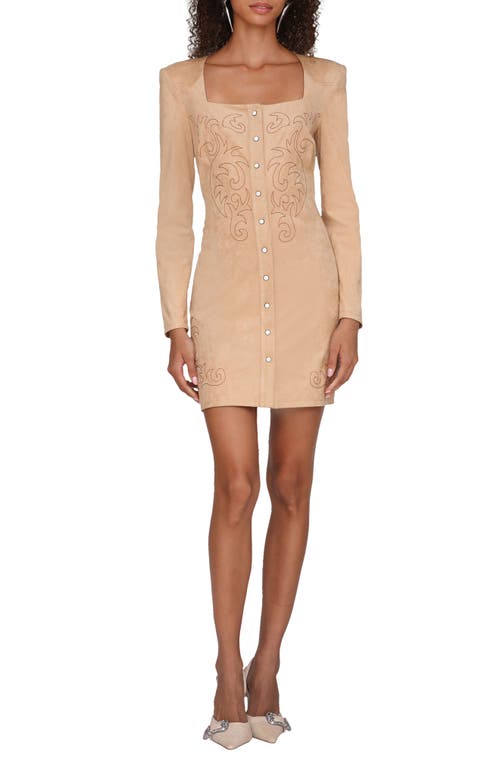 Avec Les Filles Western Embroidery Long Sleeve Faux Suede Dress In Neutral