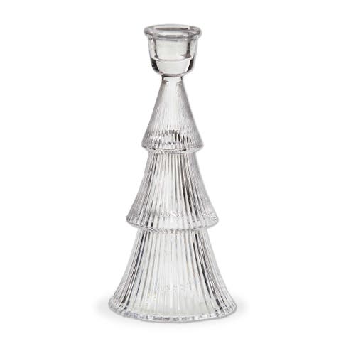Large Clear Glass Ribbed Taper Candle Holder Elegant Decor