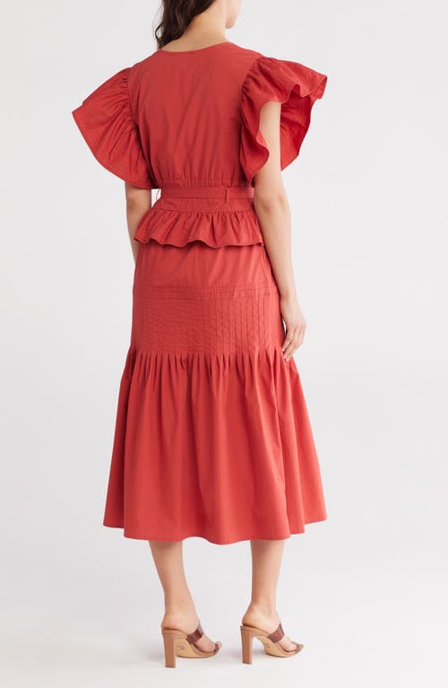 Wishlist Short Sleeve Belted Cotton Midi Dress In Tandori Spice