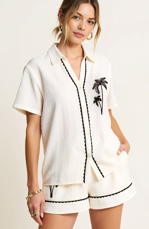 Palm Tree Embroidered Button Down Shirt & Short Set