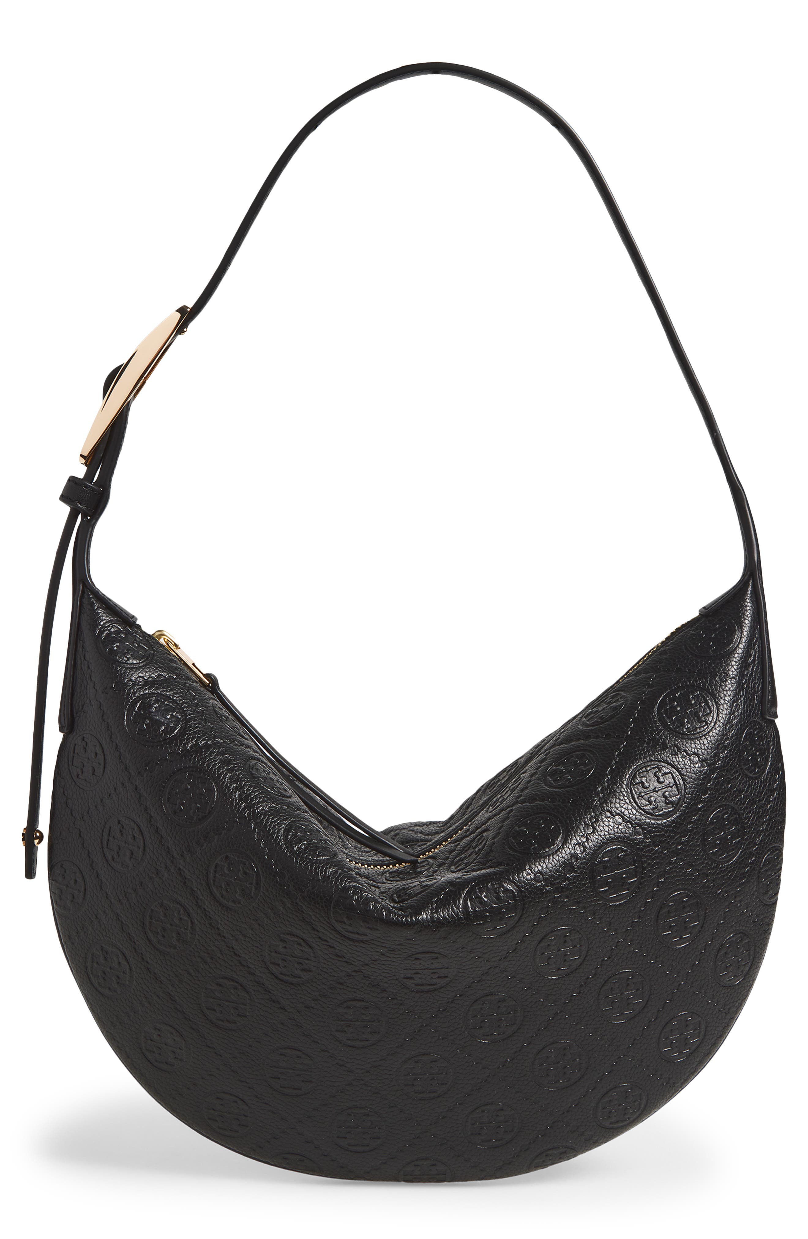 Tory Burch Small T Monogram Pebble Leather Balloon Bag, Main, color, Black