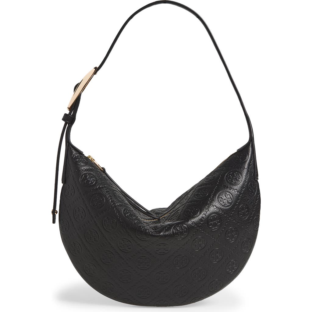 Tory Burch Small T Monogram Pebble Leather Balloon Bag In Black