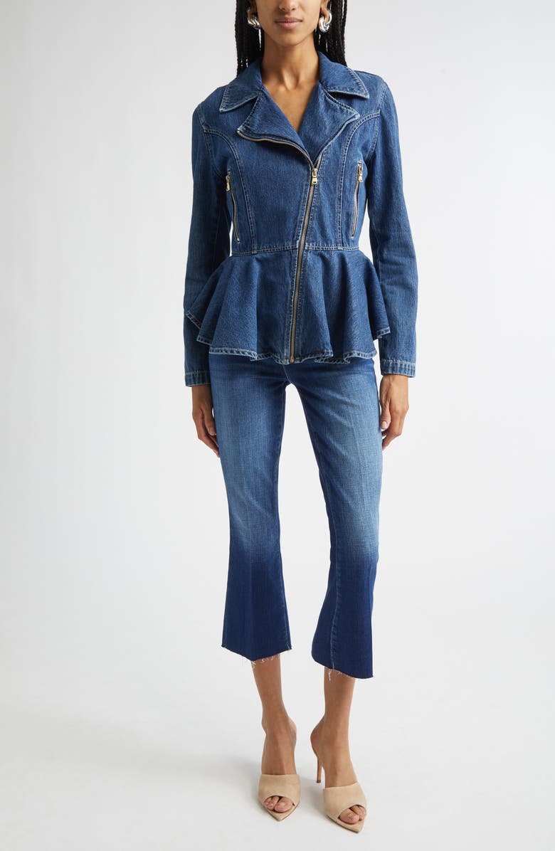 L'AGENCE Moxie Denim Peplum Biker Jacket, Alternate, color, Norton