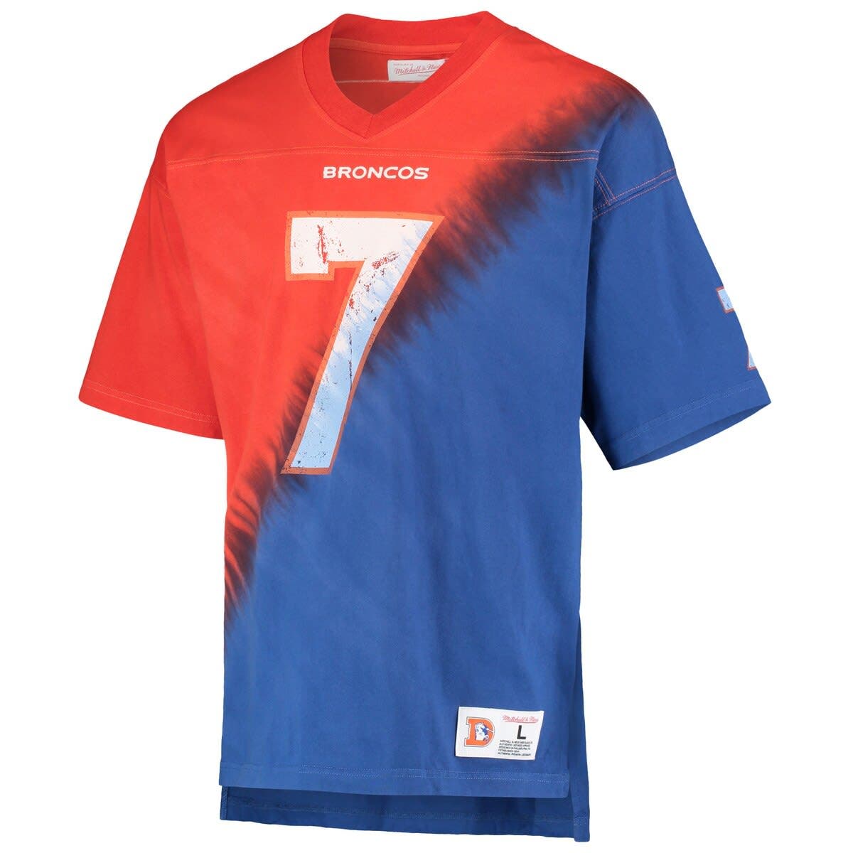 Men's Mitchell & Ness John Elway Orange/Royal Denver Broncos Retired Player Name & Number Diagonal Tie-Dye V-Neck T-Shirt - image 2