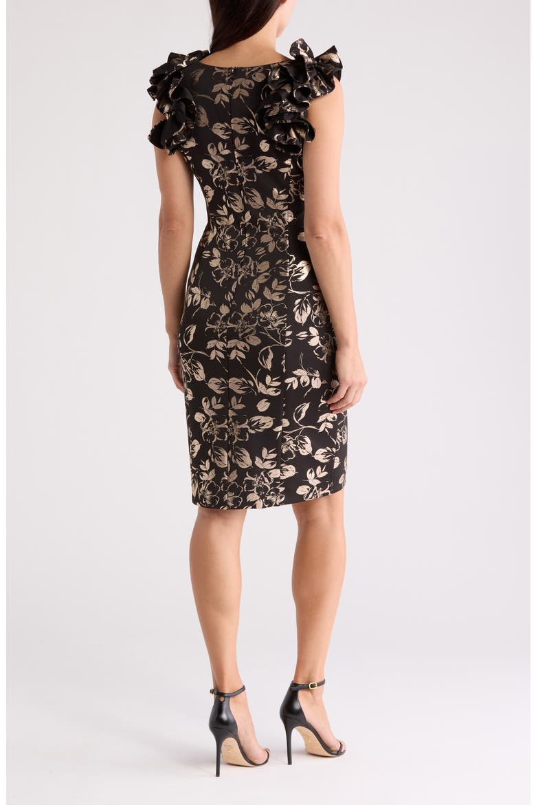 Floral Ruffle Sheath Dress, Alternate, color, BLACK/GOLD