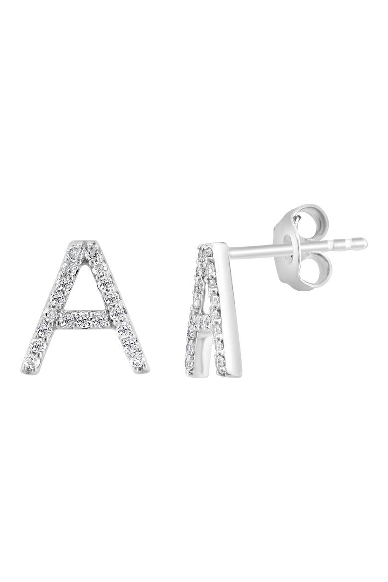 Sterling Silver Diamond 'A' Initial Stud Earrings, Main, color, SILVER