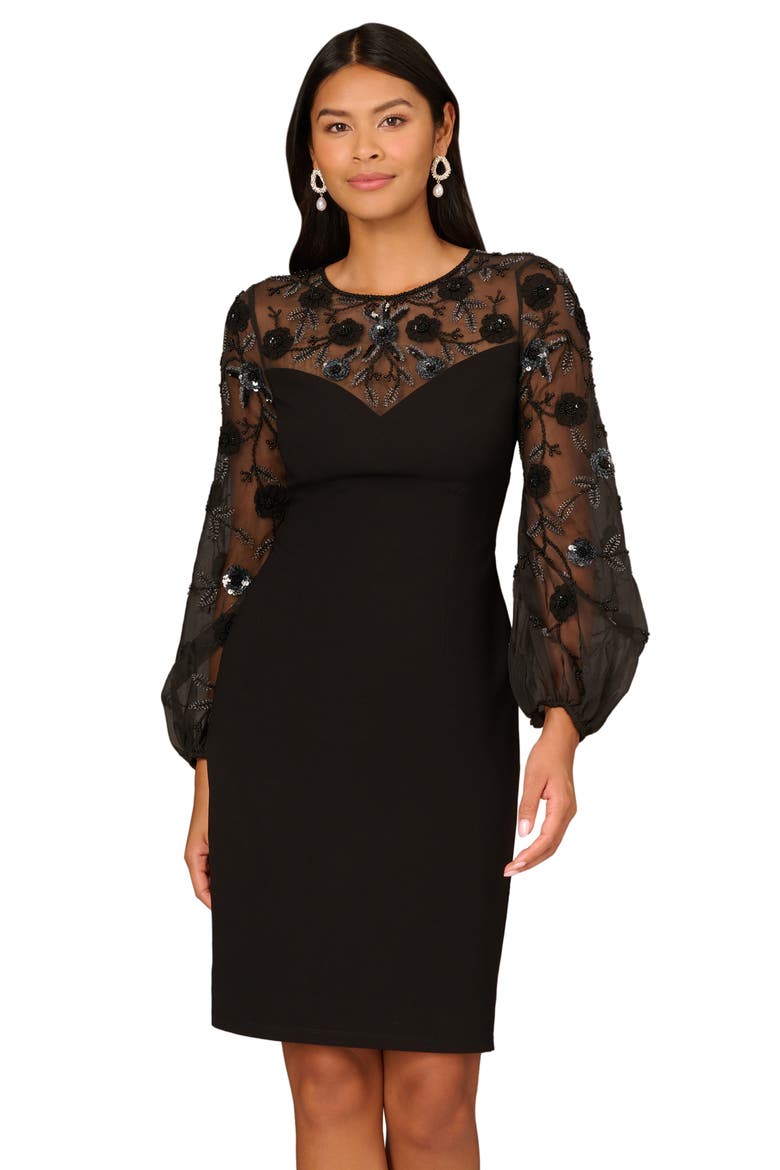 Sequin Floral Long Sleeve Cocktail Dress, Alternate, color, BLACK