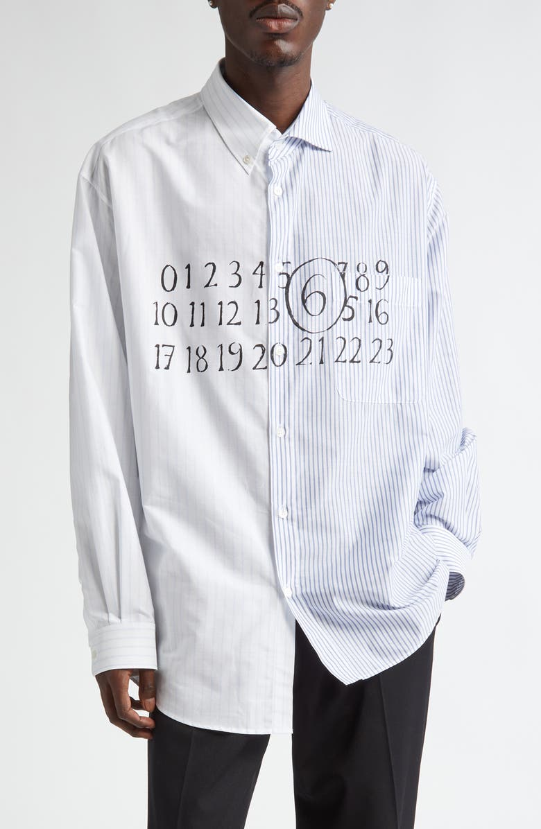 MM6 Maison Margiela Numeric Motif Stripe Asymmetric Cotton Poplin Shirt, Main, color, Stripes White/Beige/Blue