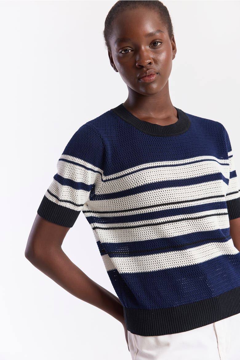 Textured Stripe Crewneck Top, Alternate, color, Navy/Ivory, Black