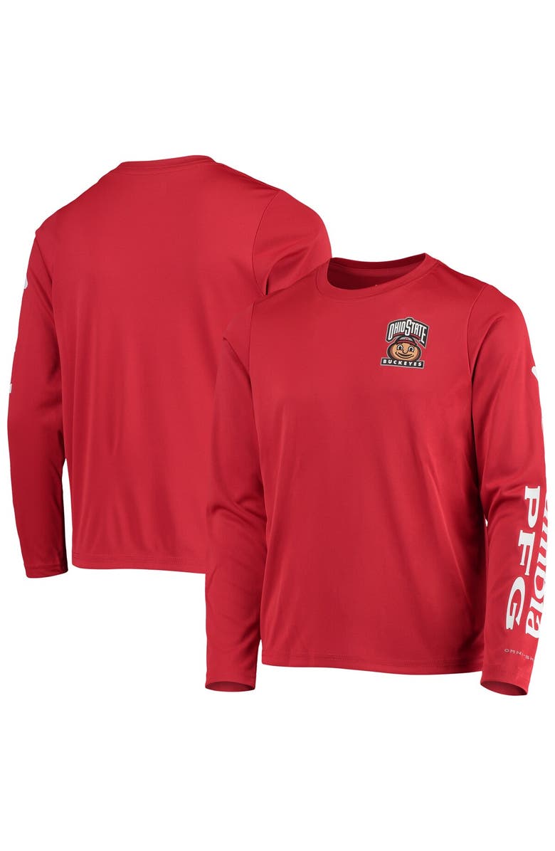 Columbia Youth Scarlet Ohio State Buckeyes PFG Terminal Tackle Long Sleeve Omni-Shade T-Shirt, Main, color, 