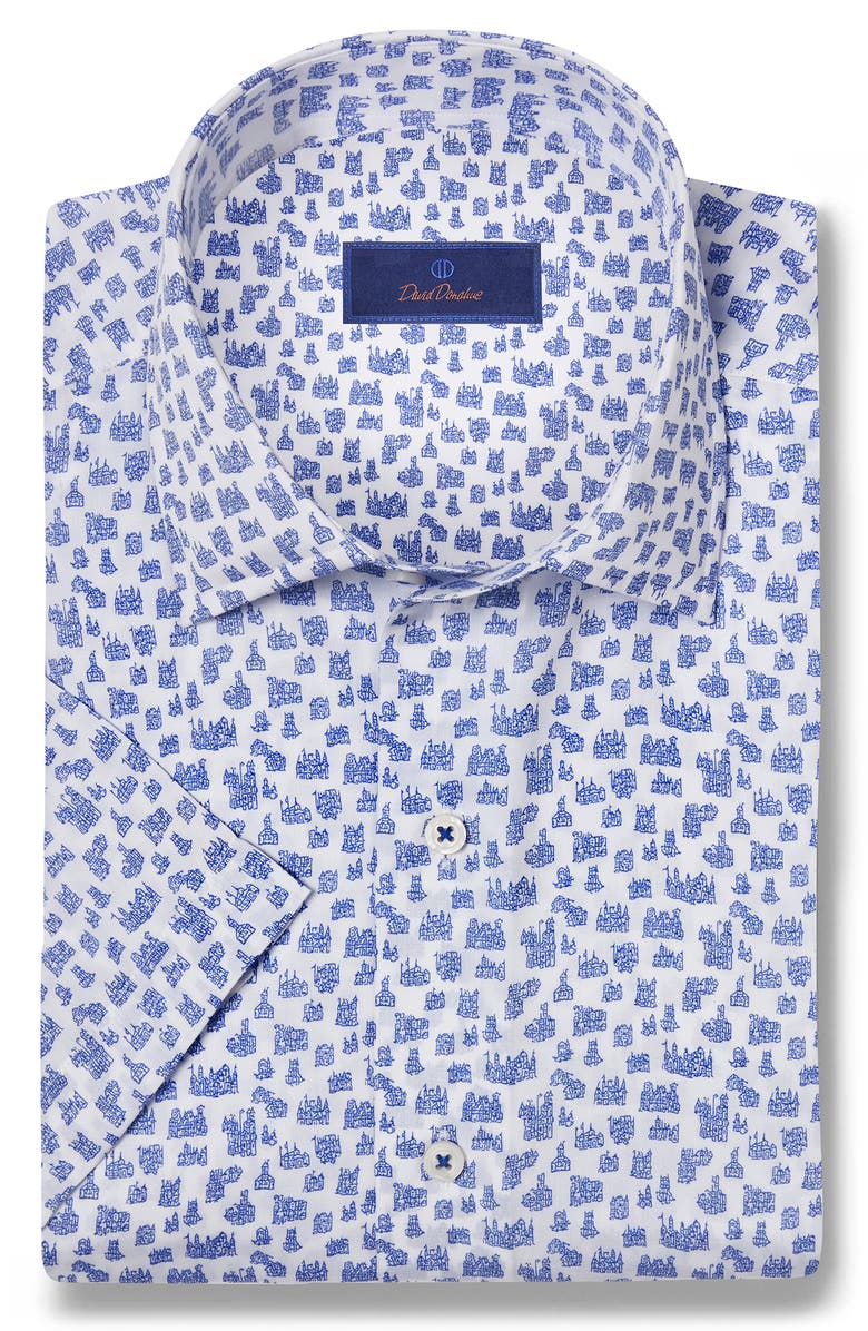 David Donahue Printed Short Sleeve Sport Shirt, Main, color, White/ Blue