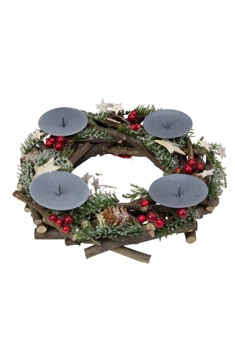 Northlight Frosted Pine Cones, Berries and Stars Votive Christmas Candle Holder - 12", Main, color, Green