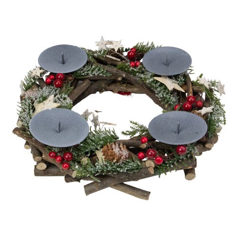 Frosted Pine Cones, Berries and Stars Votive Christmas Candle Holder - 12"
