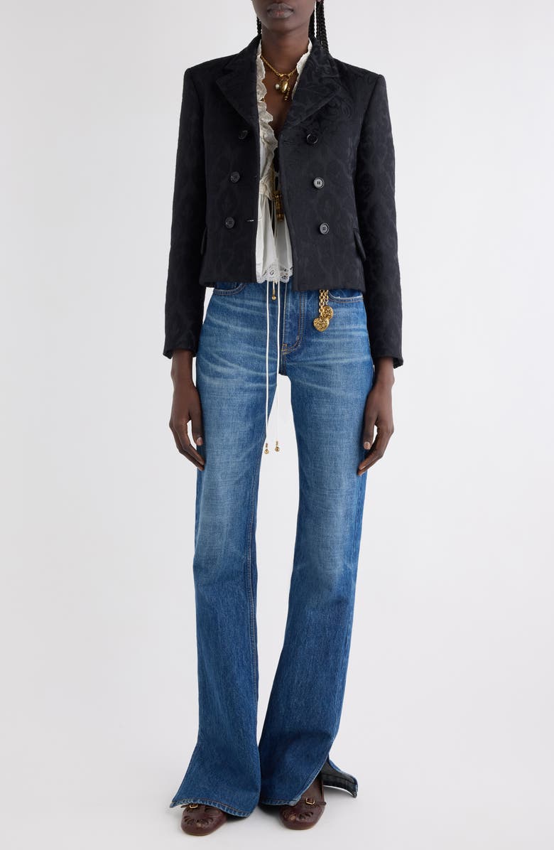 Chloé Double Breasted Floral Jacquard Wool Blend Crop Jacket, Alternate, color, Black