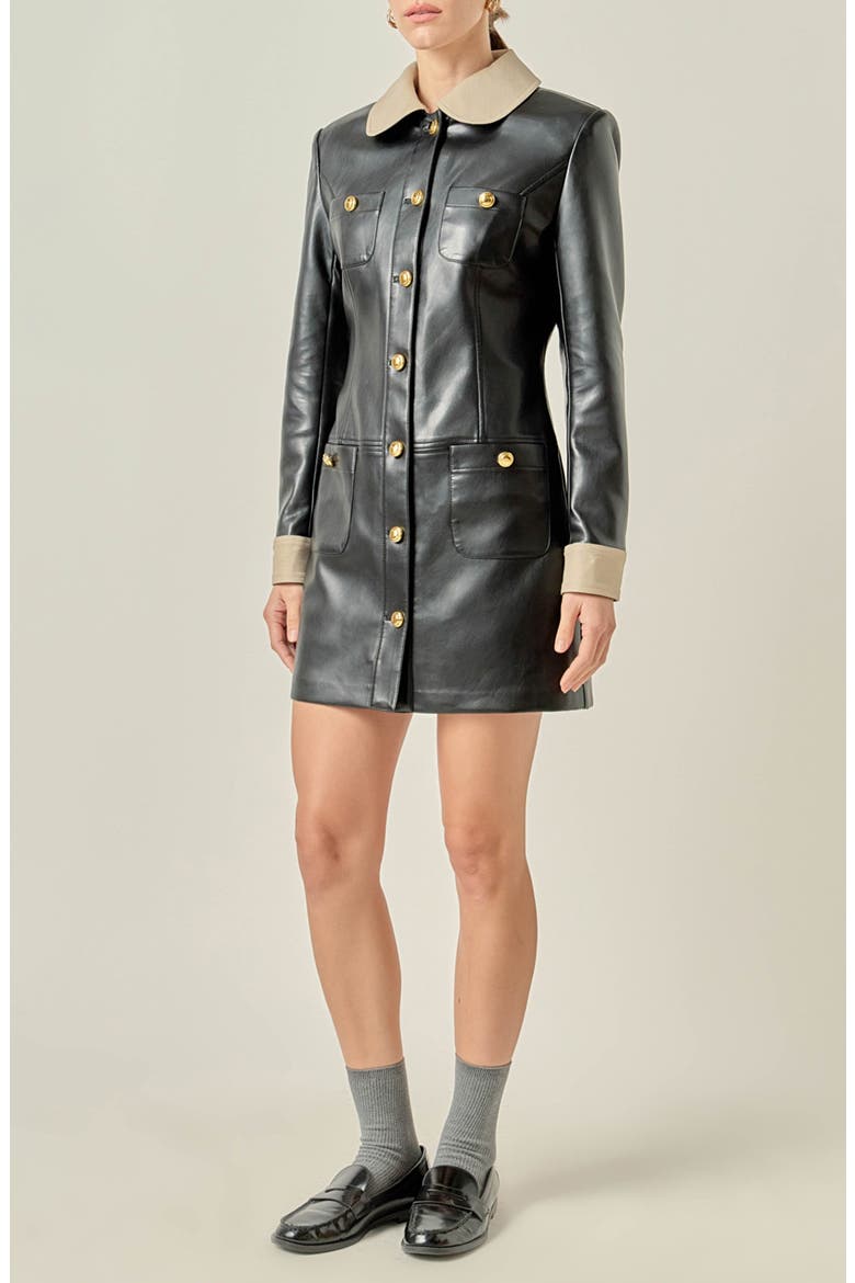 Faux Leather Long Sleeve Minidress, Alternate, color, BLACK