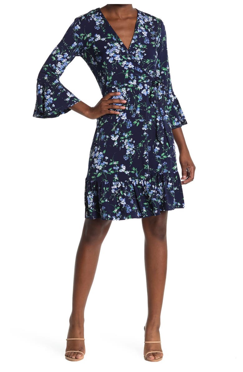 Robbie Bee Floral Bell Sleeve Wrap Dress, Main, color,