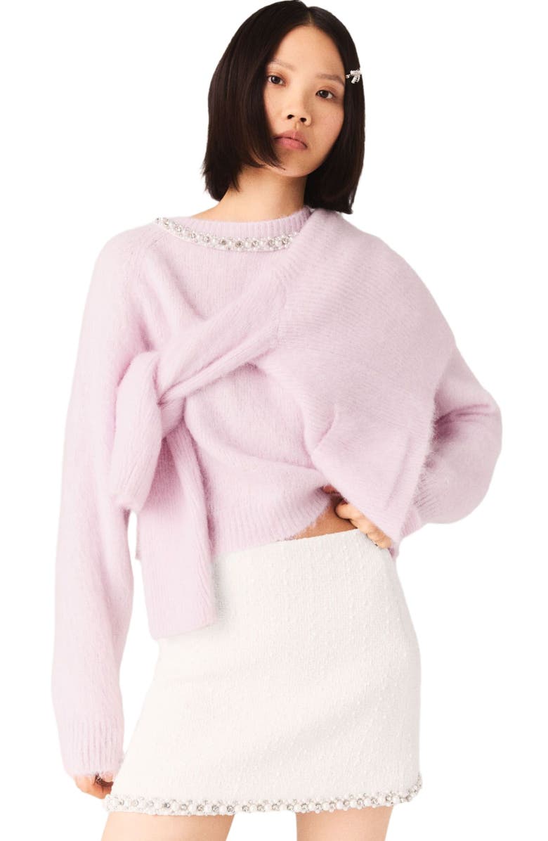 maje Pearl-trim tweed skirt, Alternate, color, Ecru