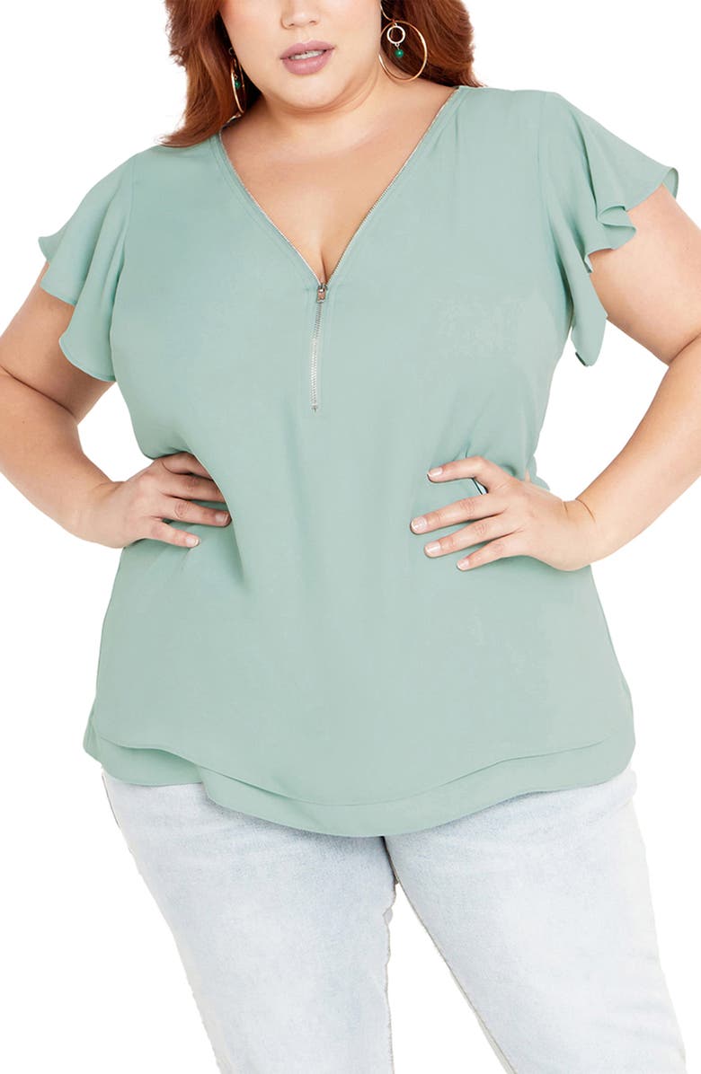 City Chic Florrie Zip Flutter Sleeve Top, Main, color, Seafoam