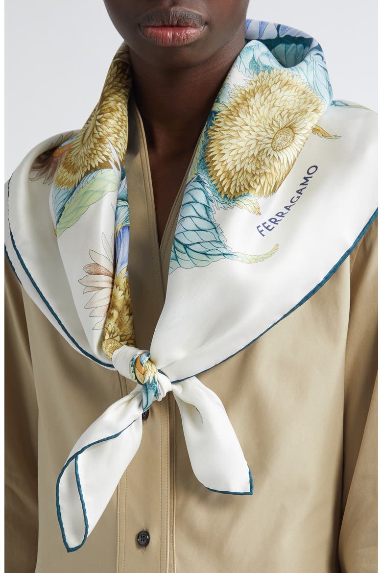 Sunflower Print Silk Square Scarf, Alternate, color, AVORIO/ ACQUA