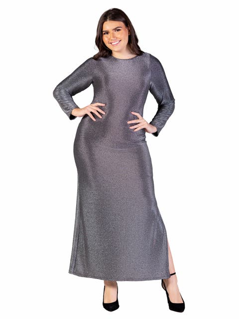 Fitted Long Sleeve Shimmery Fabric Side Slit Maxi Dress