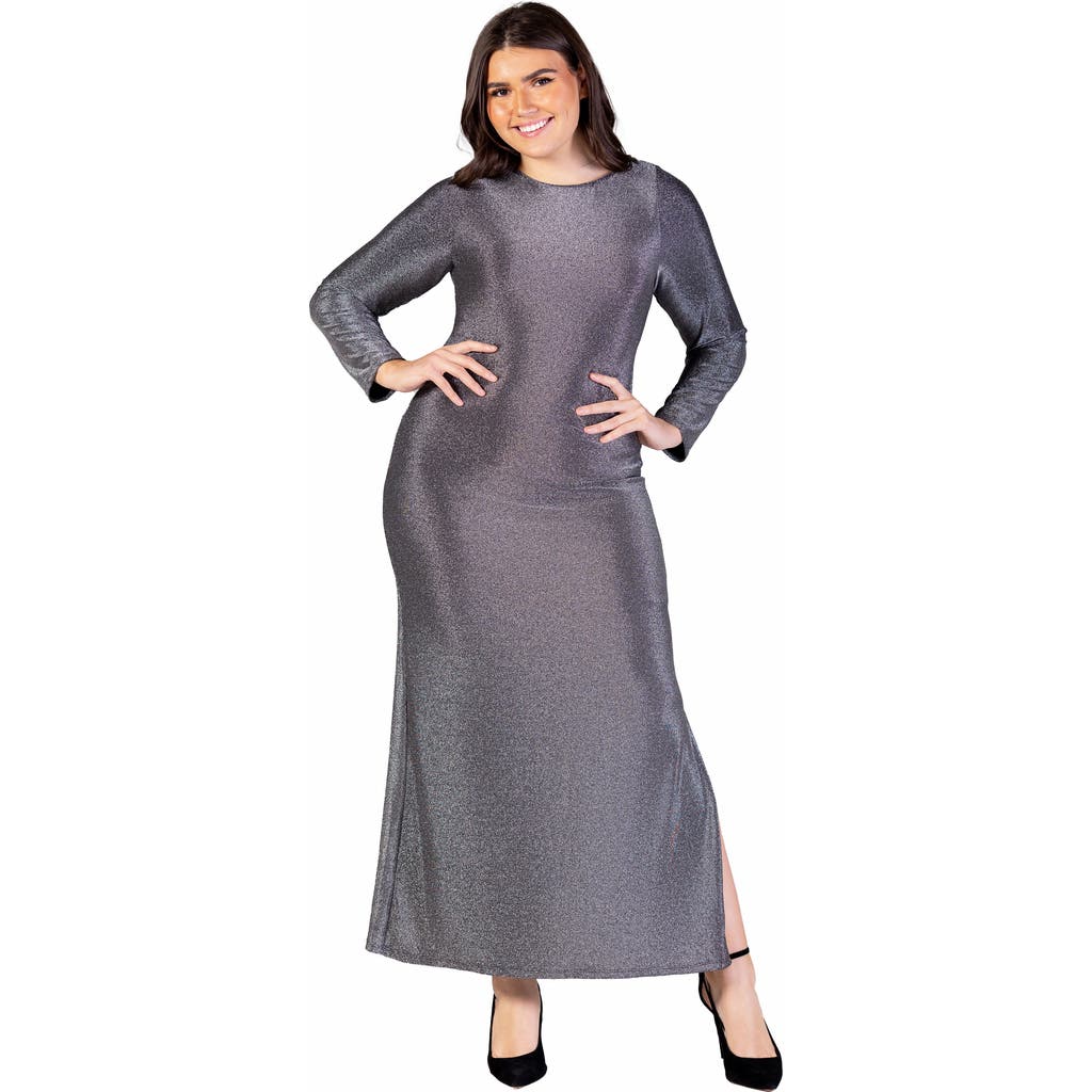 24seven Comfort Apparel Fitted Long Sleeve Shimmery Fabric Side Slit Maxi Dress In Silver