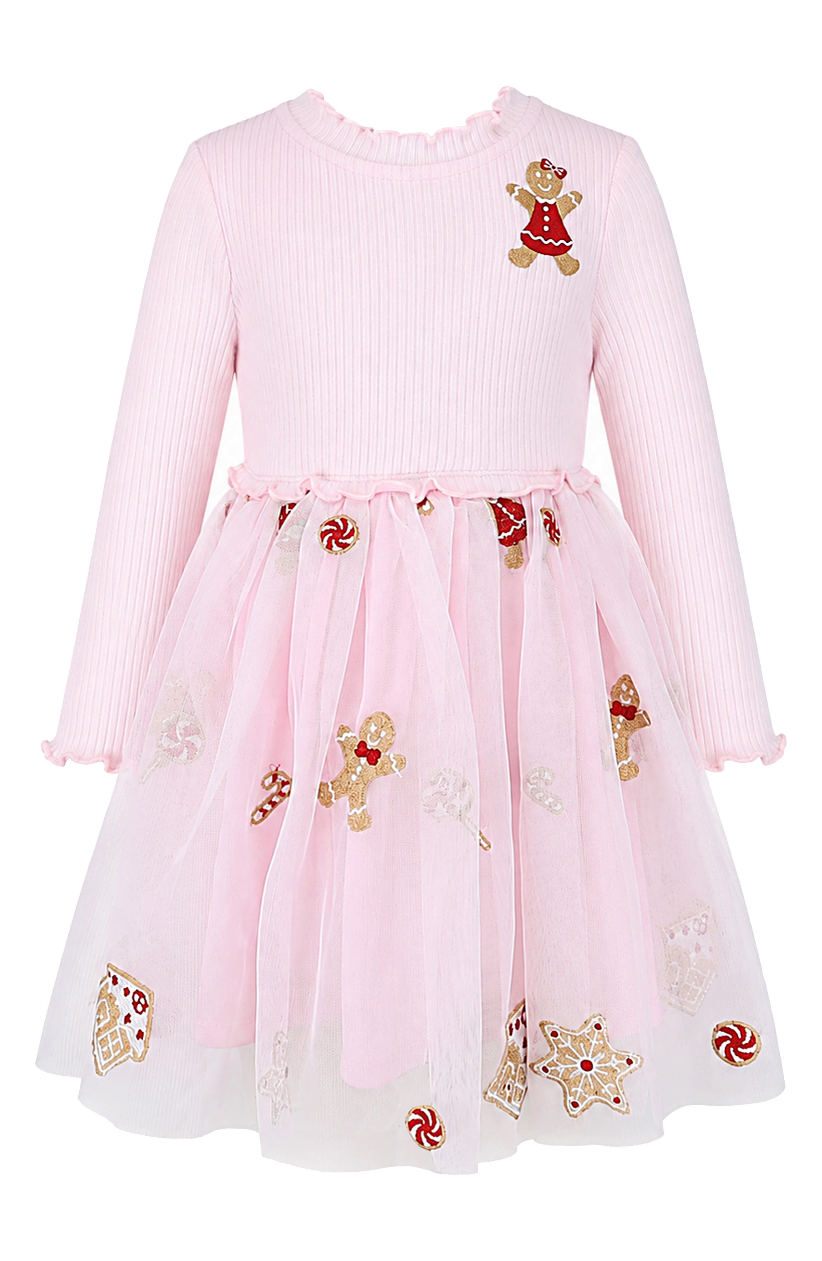 Gingerbread Embroidery Long Sleeve Mesh Skirt Dress