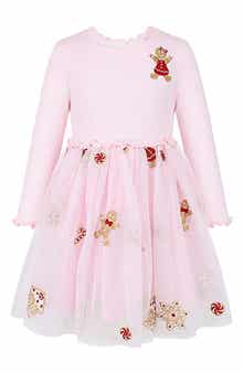 Gingerbread Embroidery Long Sleeve Mesh Skirt Dress