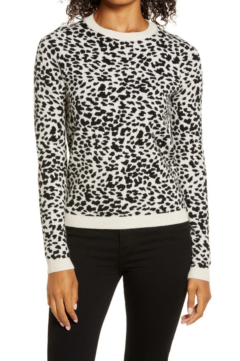 Leopard Pattern Crewneck Sweater, Main, color, OATMEAL HEATHER-BLACK LEOPARD