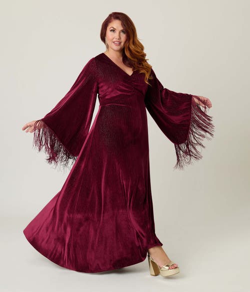 Smak Parlour Plus Size Fringed Long Bell Sleeved Ruched Maxi Dress In Burgundy