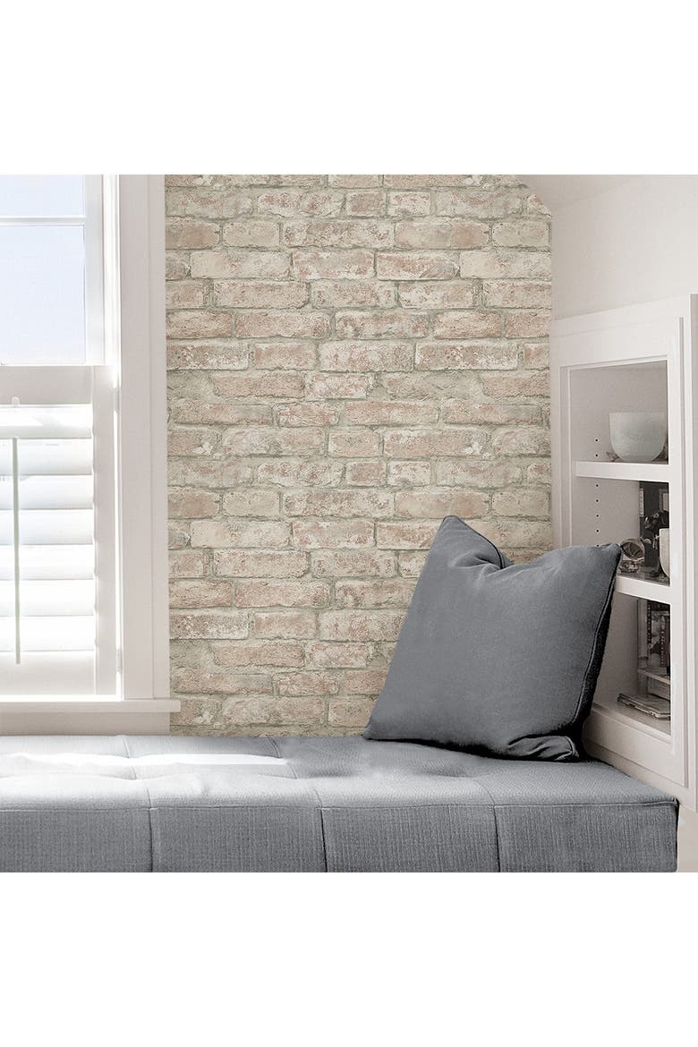 White Washed Denver Brick Peel & Stick Wallpaper, Alternate, color, BROWN