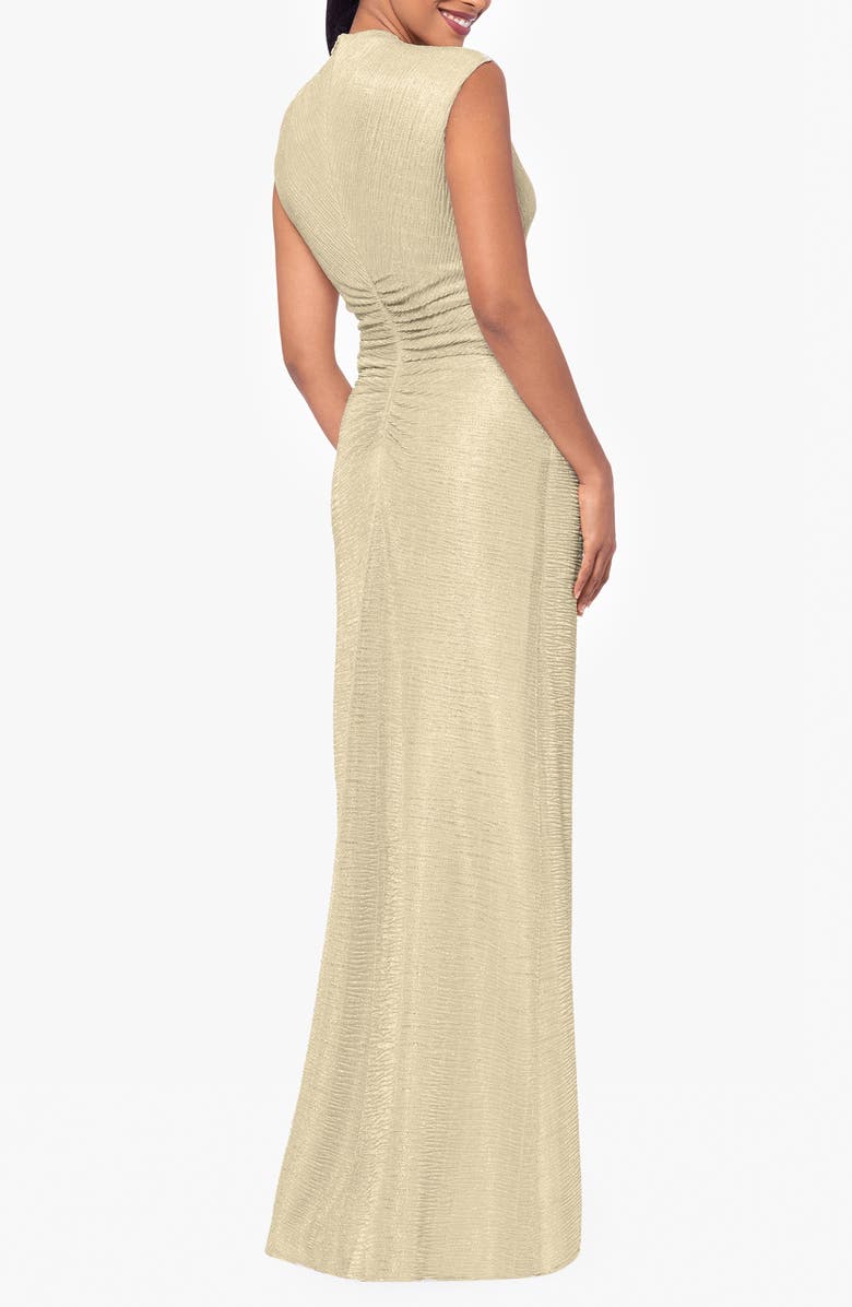 Betsy & Adam Ruched Sleeveless Crinkled Metallic Column Gown, Alternate, color, Gold/ Gold