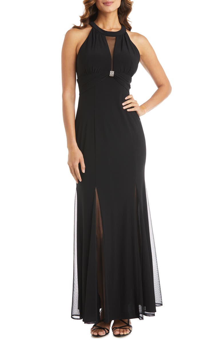 Morgan & Co. Cleo Crystal Detail Open Back Gown, Main, color, 