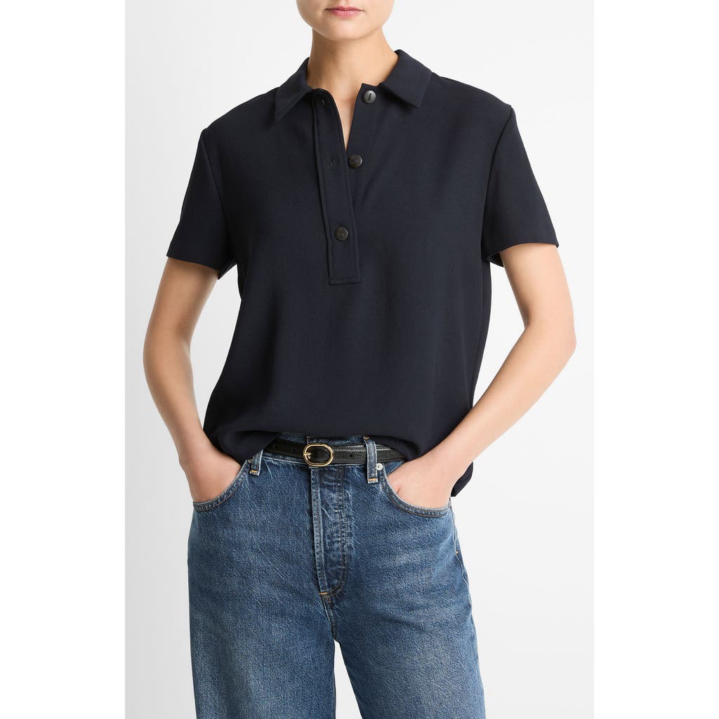 Vince Short Sleeve Crepe Polo Shirt In Blue