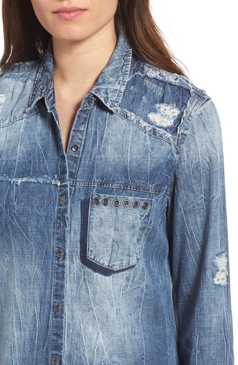 True Religion Brand Jeans Georgia Distressed Denim Shirt, Alternate, color, Indigo