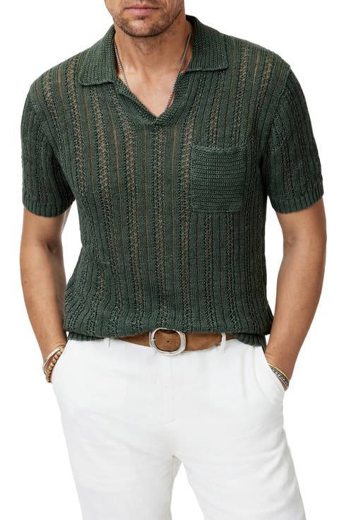 Odin Short Sleeve Textured Linen Johnny Collar Sweater