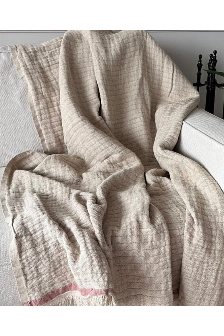 Vintage Texture Linen Throw with Stripes, Alternate, color, Beige/Pink