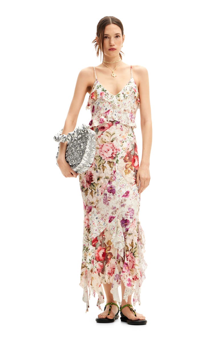 Desigual Aura Mixed Floral Print Handkerchief Hem Dress, Alternate, color, 