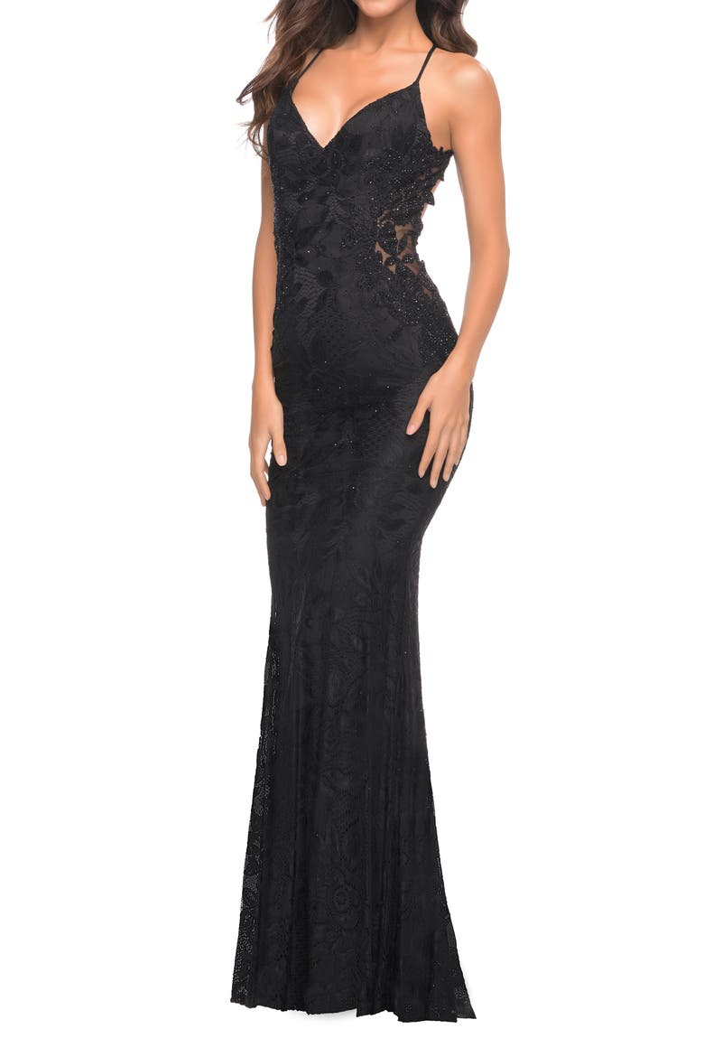 Lace Prom Dress with Illusion Embellished Sides, Alternate, color, BLACK