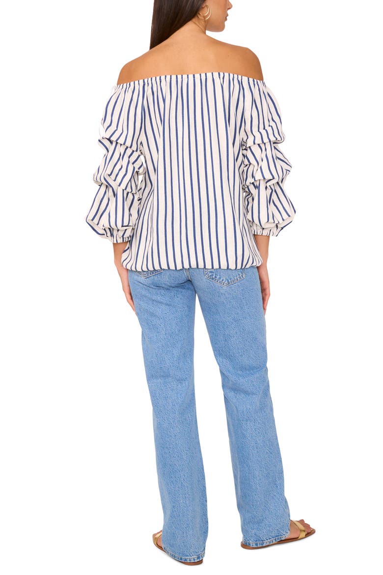 Stripe Off the Shoulder Linen Blend Bubble Sleeve Top, Alternate, color, DENIM NAVY