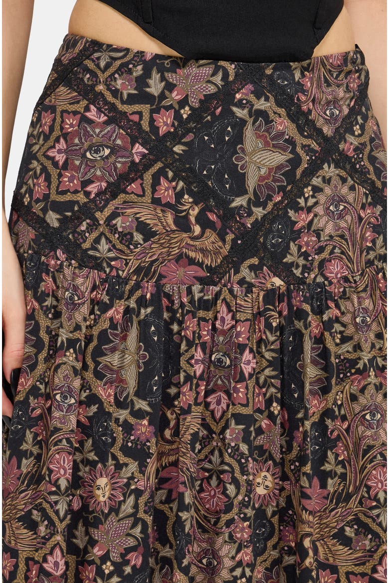 Mythos Print Lace Detail Midaxi Skirt, Alternate, color, Black