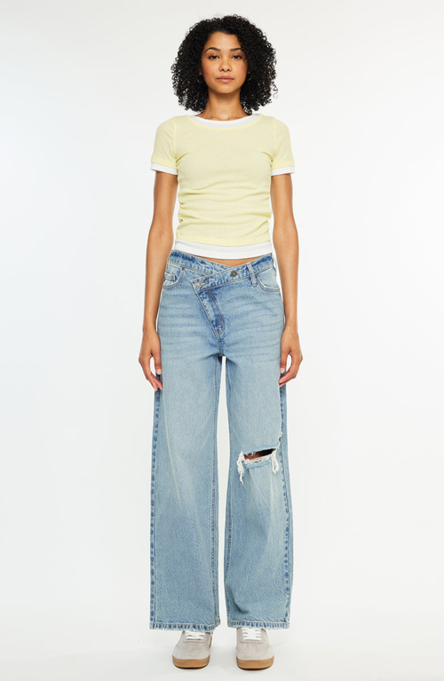 Kancan Cynn Low-slung Crossover Wide Leg Jeans In Blue