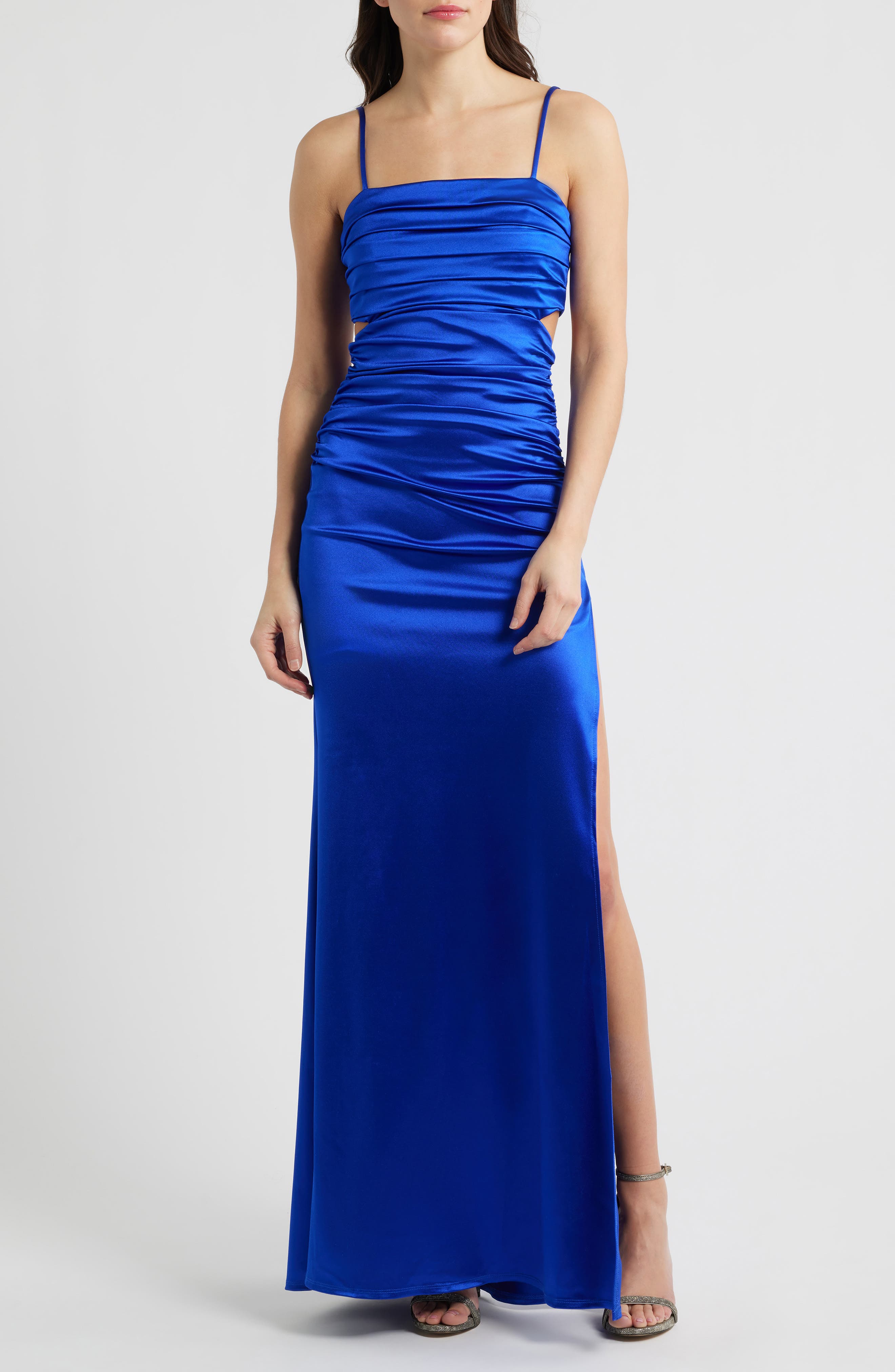 Ruched Sleeveless Satin Gown