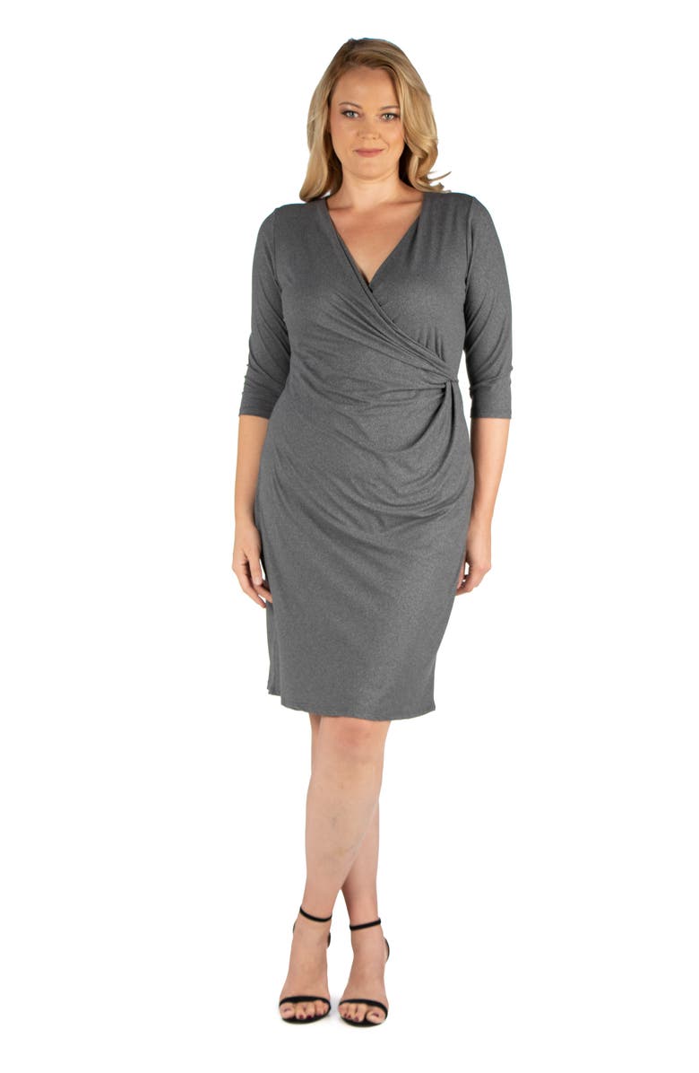 24seven Comfort Apparel Plus Size Knee Length V Neck Dress, Main, color, Grey