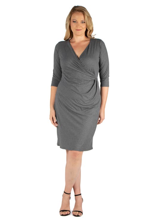 24seven Comfort Apparel Plus Womens Surplice Below Knee Midi Dress In Gray
