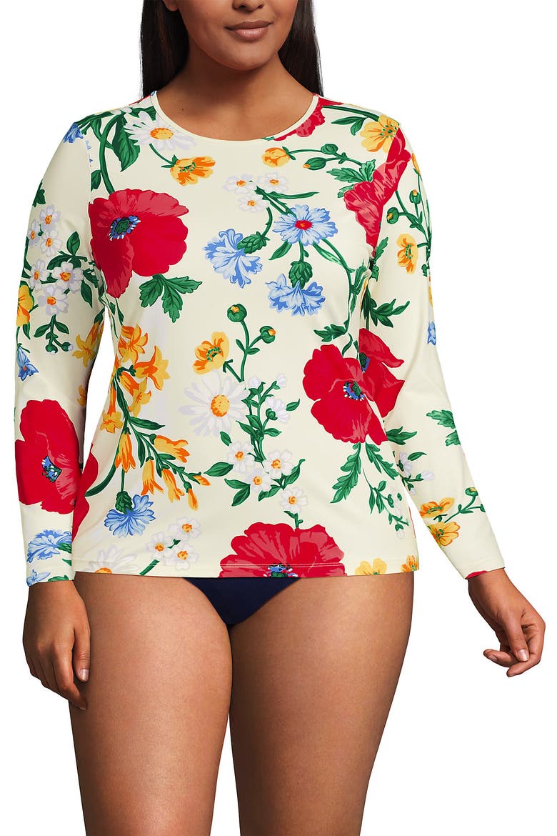 SunShade UPF 50 Long Sleeve Rash Guard Swim Tee, Main, color, Egret/Exploded Poppy Floral