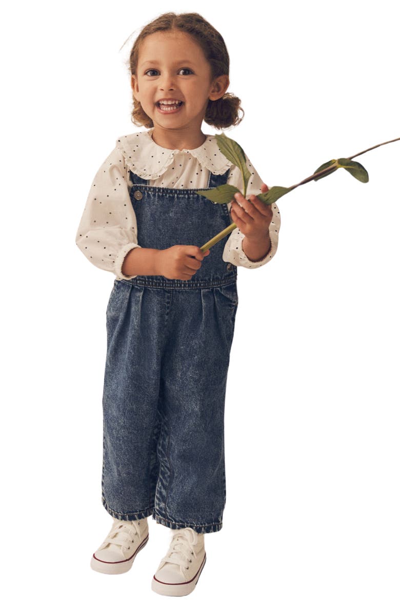 NEXT Kids' Peter Pan Collar Polka Dot Top & Denim Overalls Set, Alternate, color,